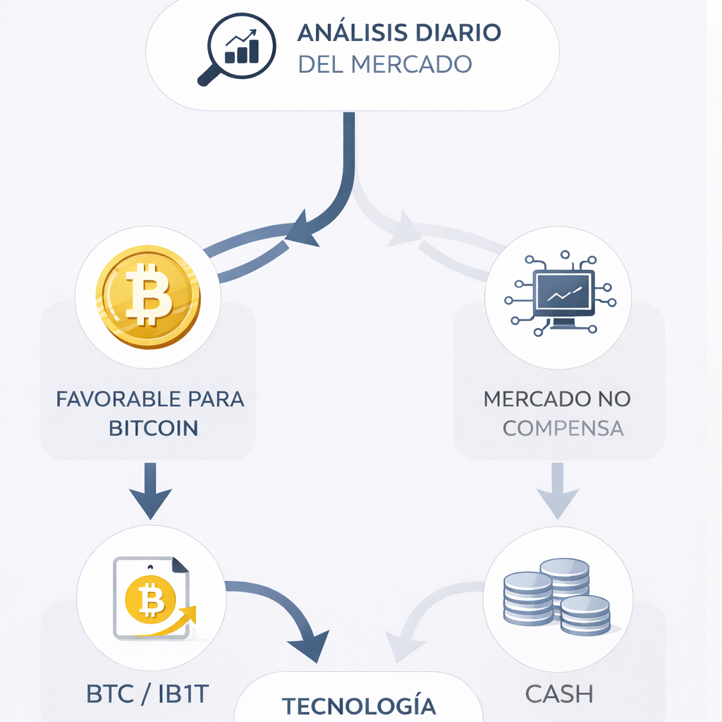 Esquema conceptual del modelo: análisis diario del mercado, prioridad a Bitcoin en regímenes favorables y rotación hacia tecnología o cash cuando el mercado no compensa.